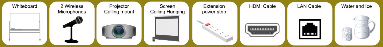 Whiteboard, 2 wireless microphones, ceiling suspended projector, ceiling suspended screen, extension power strip, HDMI cable, LAN cable, water and ice