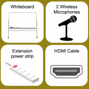 Whiteboard, 2 wireless microphones, extension power strip, HDMI cable