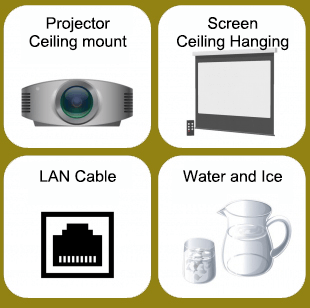 Ceiling-mounted projector, ceiling-mounted screen, LAN cable, water and ice